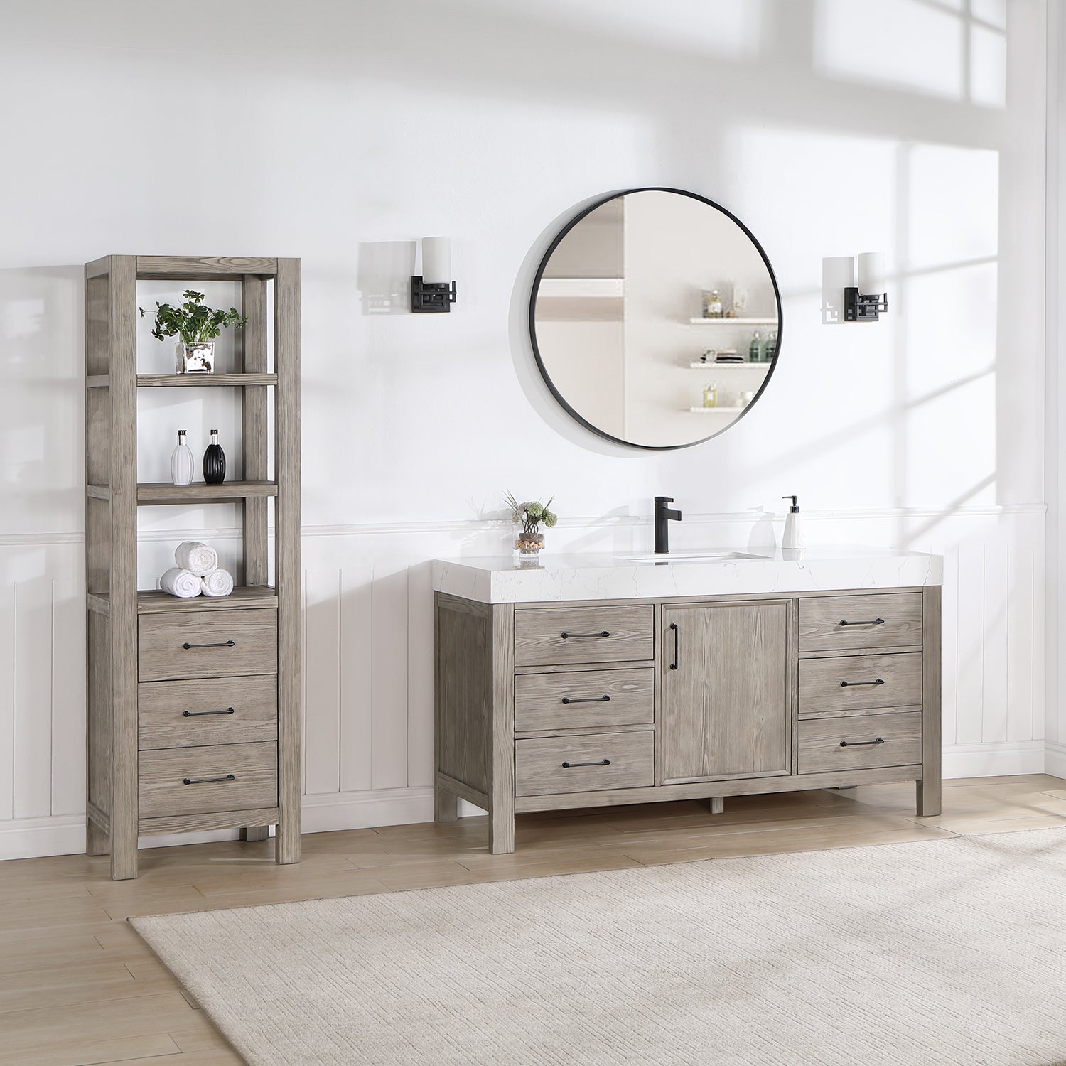 León 60in. Free-standing Single Bathroom Vanity in Fir Wood Grey with Composite top in Lightning White