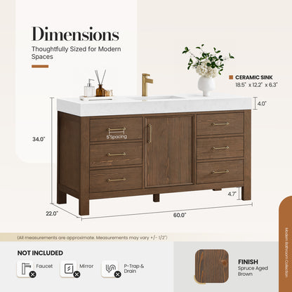 León 60" Free-standing Single Bathroom Vanity in Spruce Aged Brown