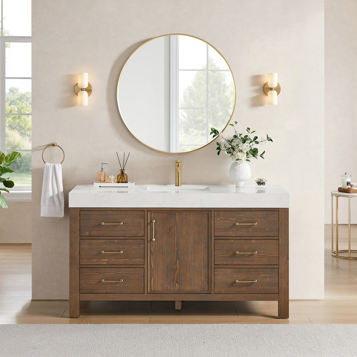 León 60" Free-standing Single Bathroom Vanity in Spruce Aged Brown with Mirror