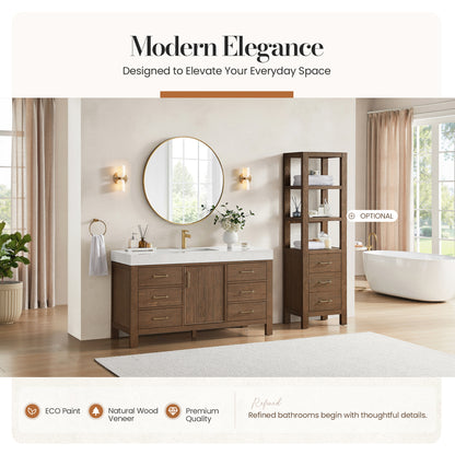 León 60" Free-standing Single Bathroom Vanity in Spruce Aged Brown with Mirror