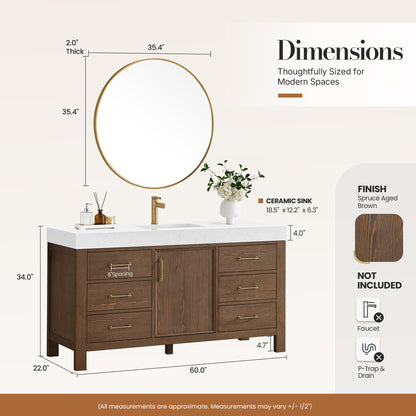 León 60" Free-standing Single Bathroom Vanity in Spruce Aged Brown with Mirror