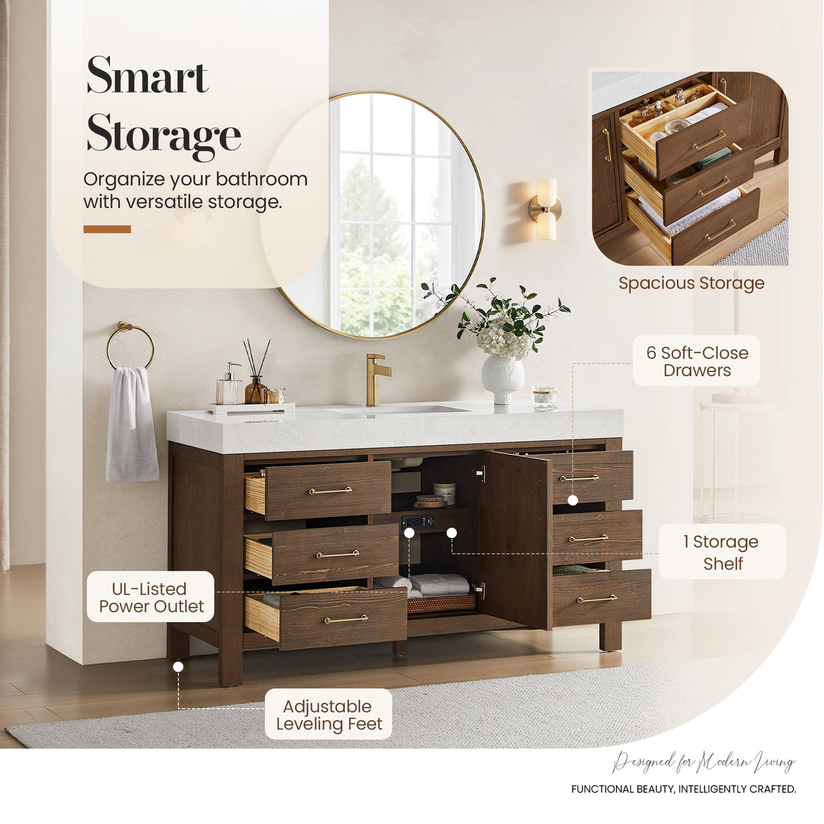 León 60" Free-standing Single Bathroom Vanity in Spruce Aged Brown with Mirror