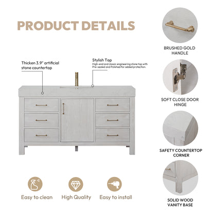 León 60" Free-standing Single Bathroom Vanity in Washed White