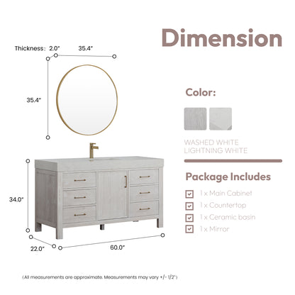 León 60" Free-standing Single Bathroom Vanity in Washed White