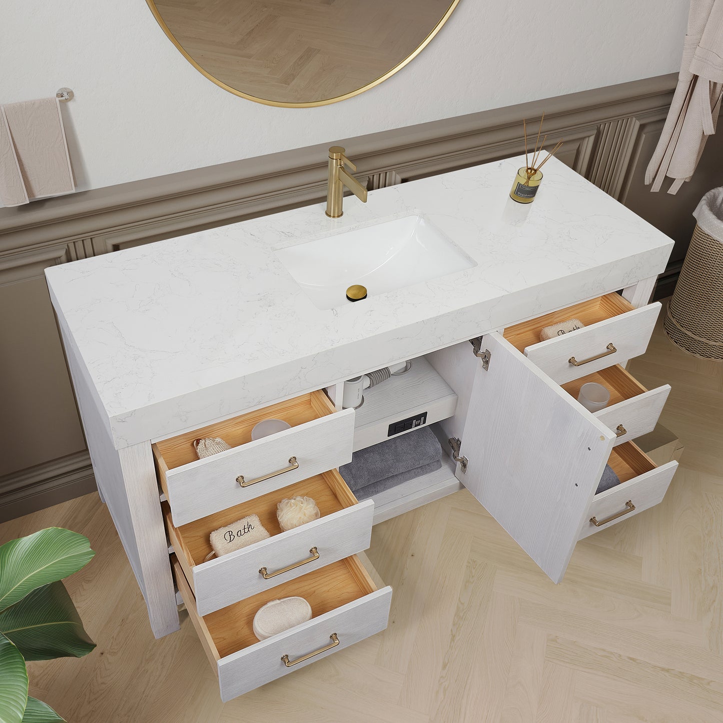 León 60" Free-standing Single Bathroom Vanity in Washed White