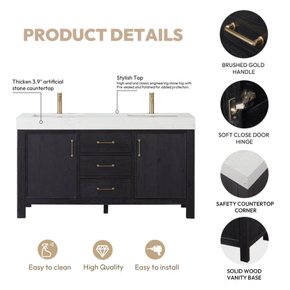 León 60" Free-standing Double Bathroom Vanity in Fir Wood Black
