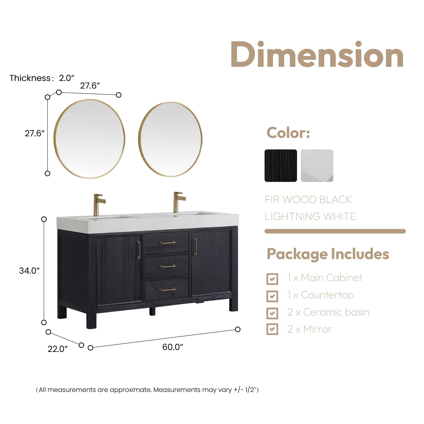 León 60" Free-standing Double Bathroom Vanity in Fir Wood Black