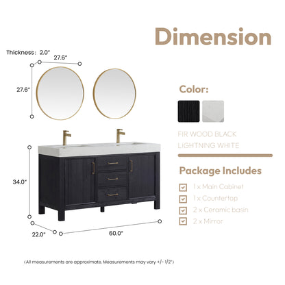 León 60" Free-standing Double Bathroom Vanity in Fir Wood Black