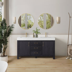 Open image in slideshow, León 60in. Free-standing Double Bathroom Vanity in Fir Wood Black with Composite top in Lightning White
