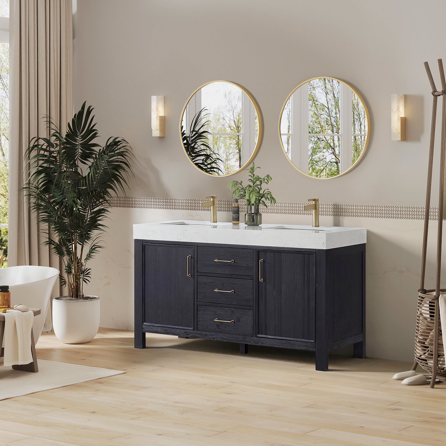 León 60" Free-standing Double Bathroom Vanity in Fir Wood Black