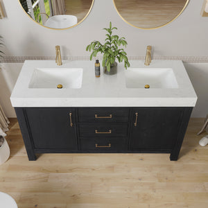 León 60in. Free-standing Double Bathroom Vanity in Fir Wood Black with Composite top in Lightning White