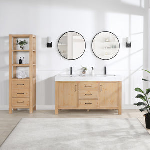 León 60in. Free-standing Double Bathroom Vanity in Fir Wood Brown with Composite top in Lightning White