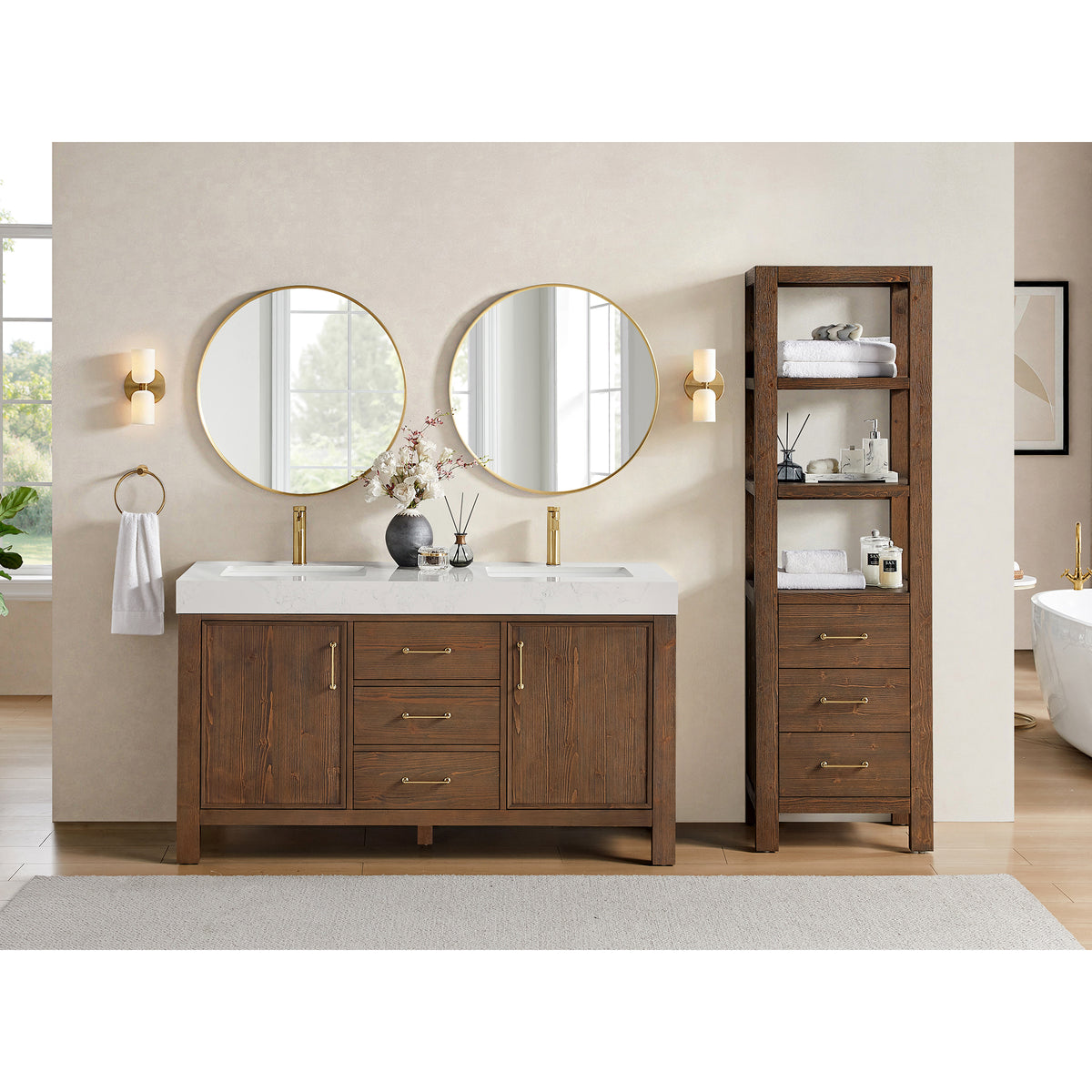 León 60" Free-standing Double Bathroom Vanity in Spruce Aged Brown