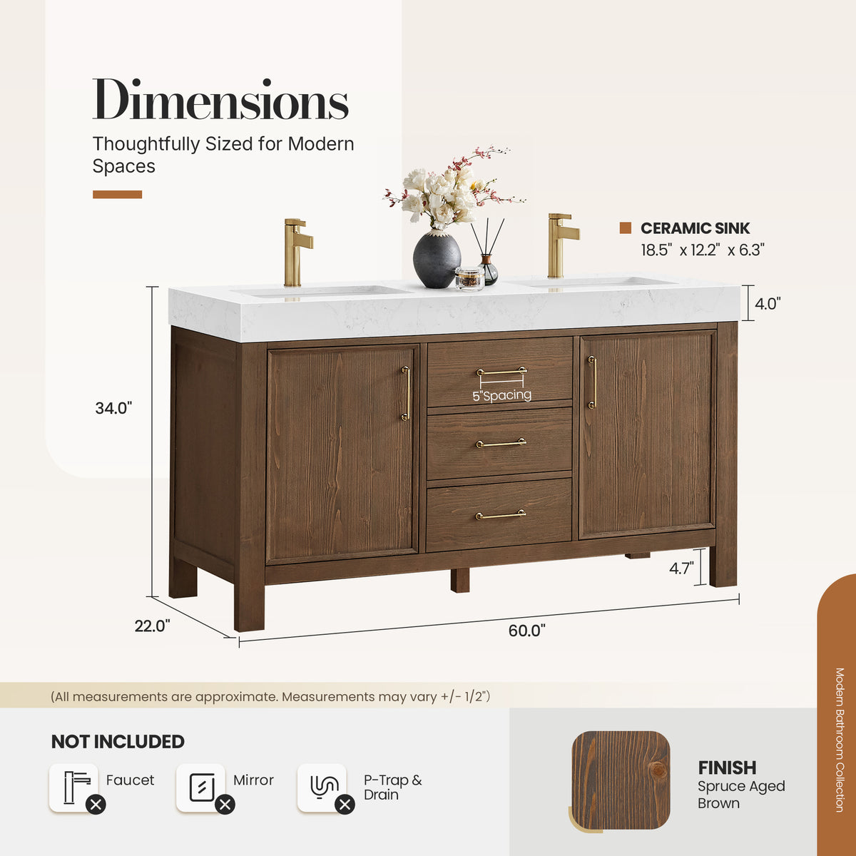 León 60" Free-standing Double Bathroom Vanity in Spruce Aged Brown