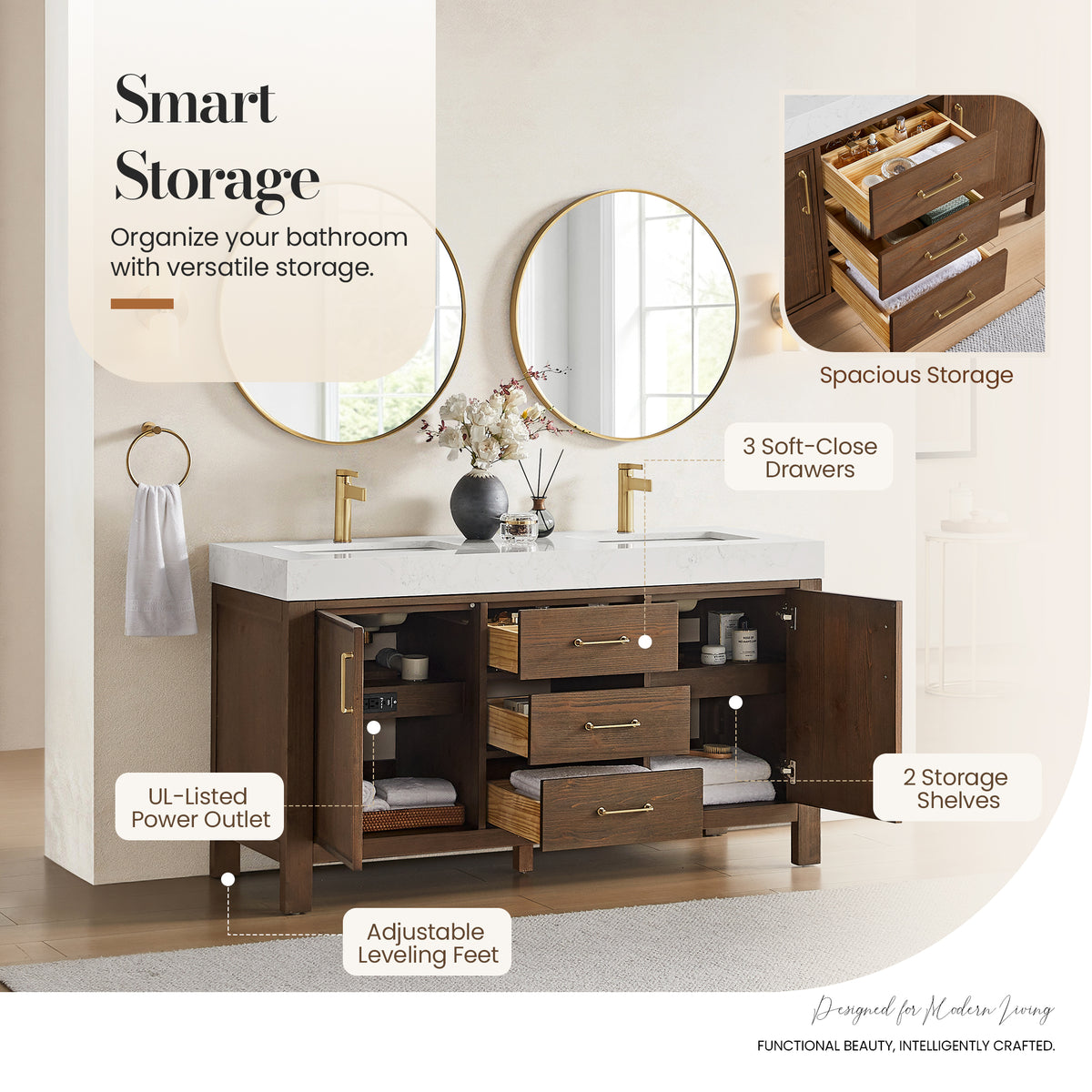 León 60" Free-standing Double Bathroom Vanity in Spruce Aged Brown
