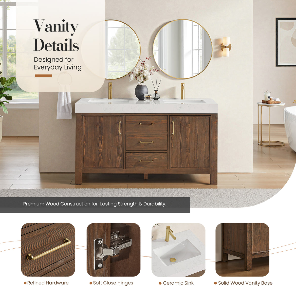 León 60" Free-standing Double Bathroom Vanity in Spruce Aged Brown with Mirror