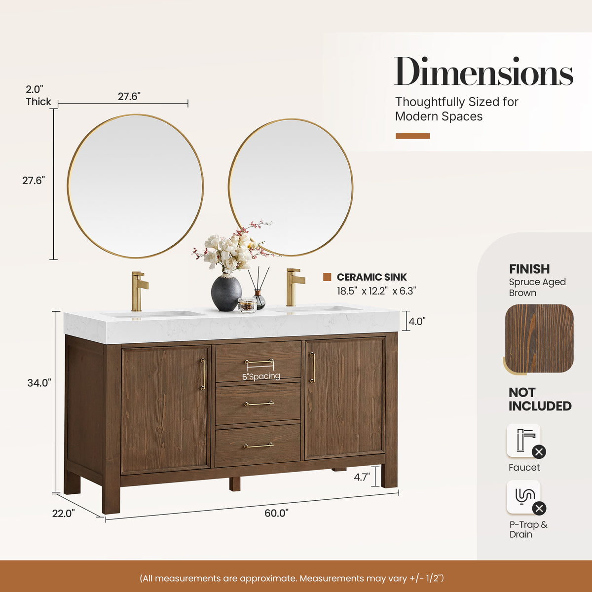 León 60" Free-standing Double Bathroom Vanity in Spruce Aged Brown with Mirror
