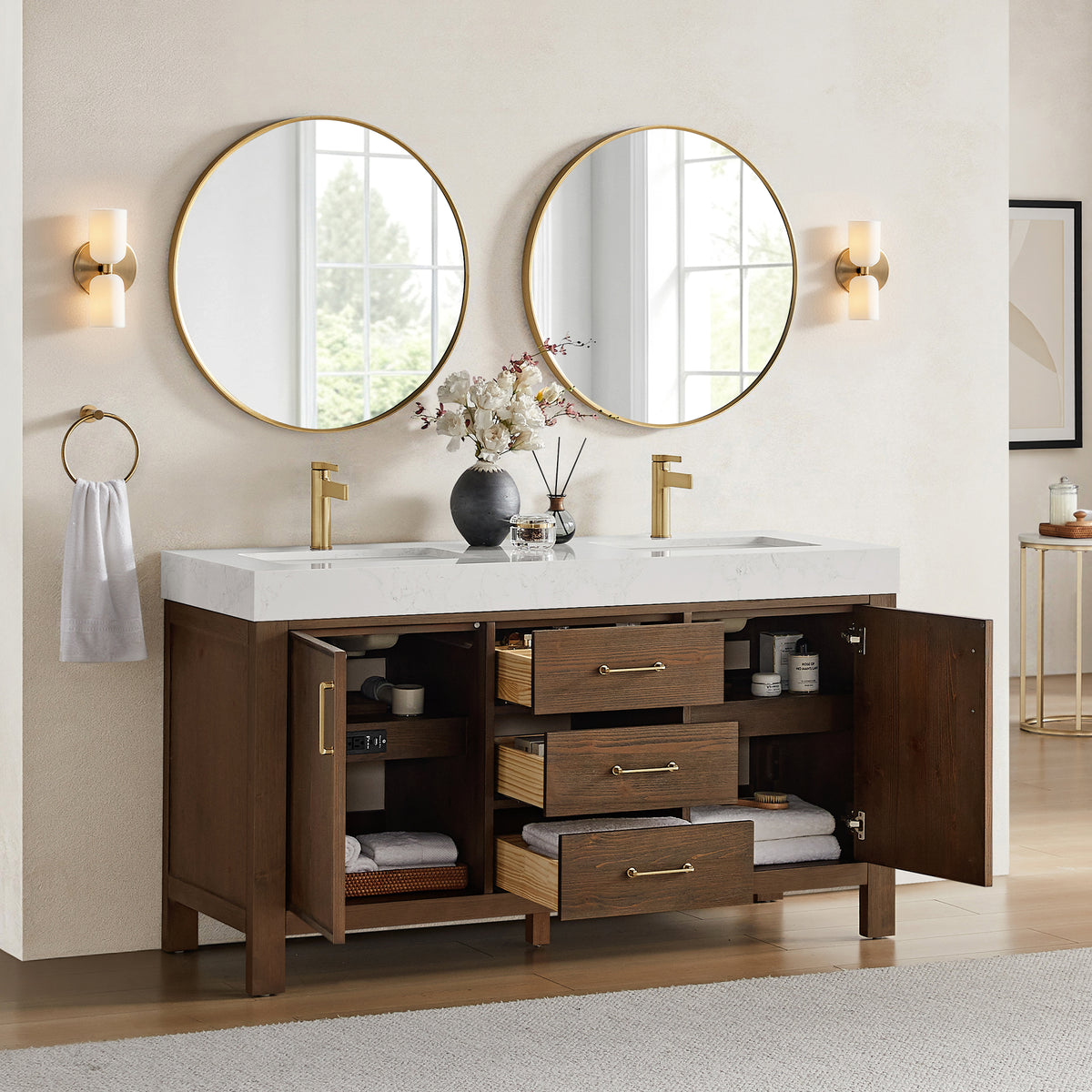 León 60" Free-standing Double Bathroom Vanity in Spruce Aged Brown with Mirror