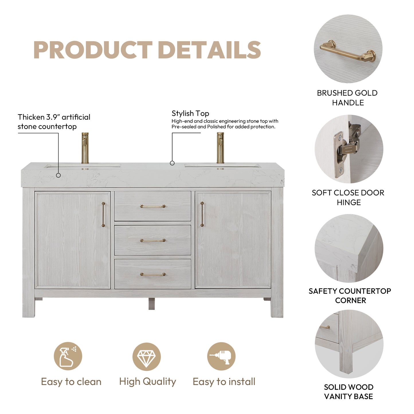 León 60" Free-standing Double Bathroom Vanity in Washed White