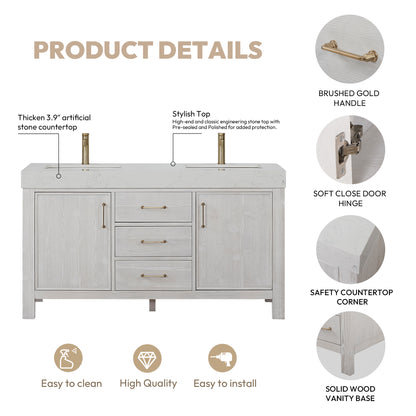 León 60" Free-standing Double Bathroom Vanity in Washed White