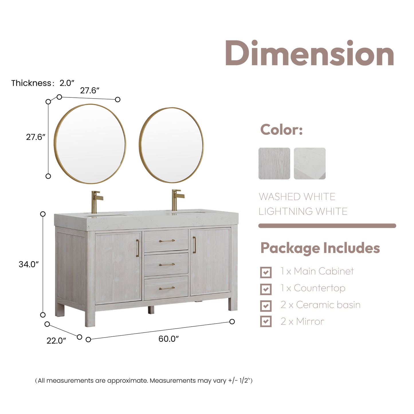 León 60" Free-standing Double Bathroom Vanity in Washed White