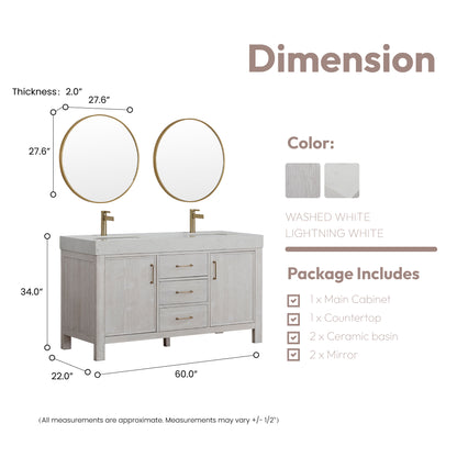 León 60" Free-standing Double Bathroom Vanity in Washed White