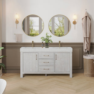 Open image in slideshow, León 60in. Free-standing Double Bathroom Vanity in Washed White with Composite top in Lightning White
