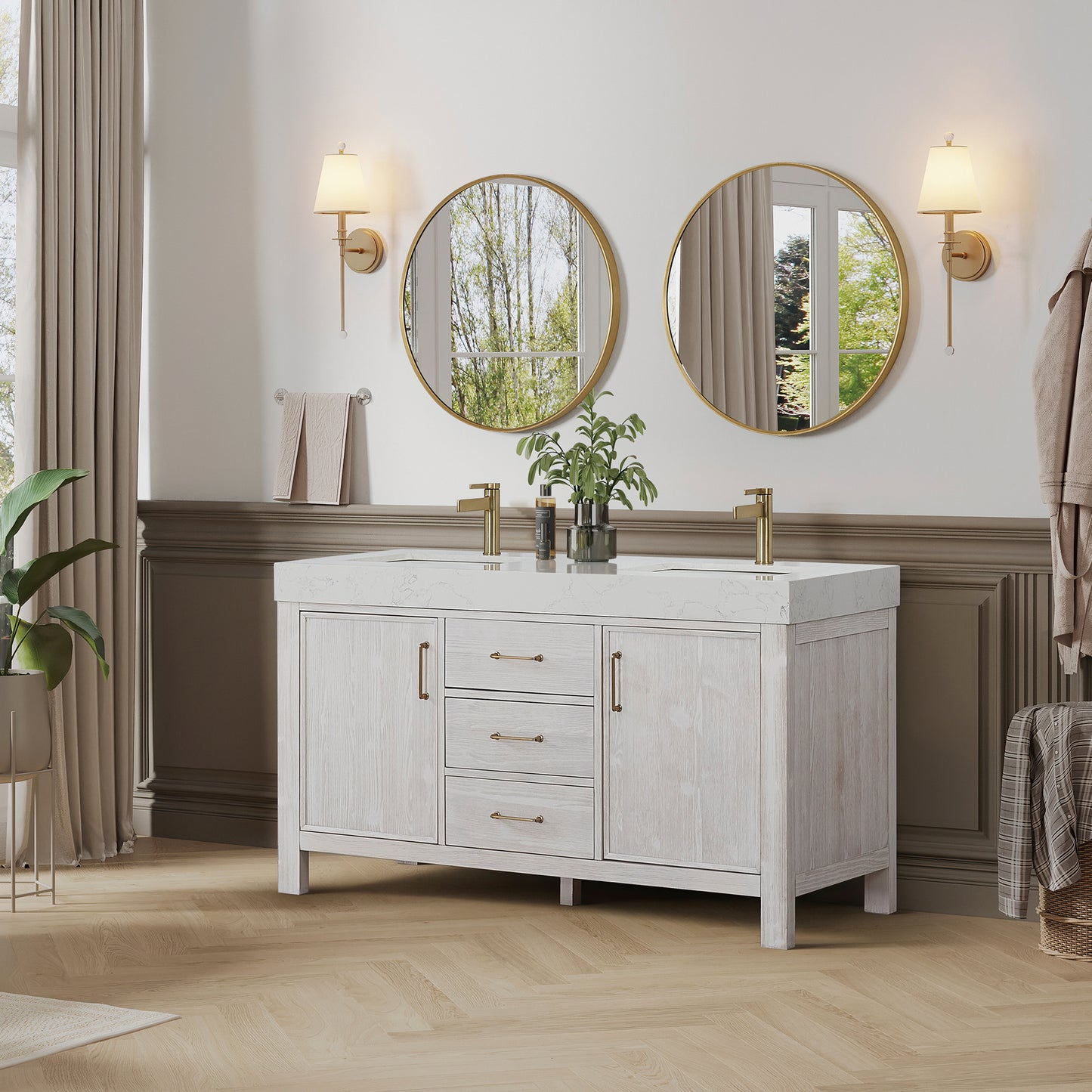 León 60" Free-standing Double Bathroom Vanity in Washed White