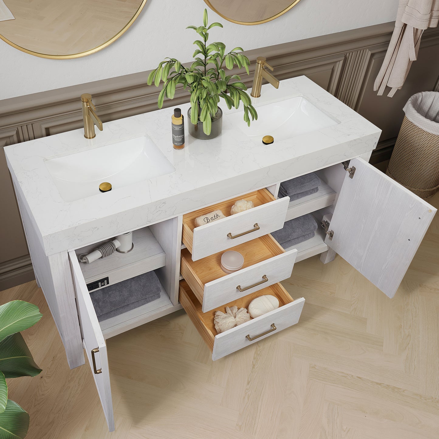 León 60" Free-standing Double Bathroom Vanity in Washed White