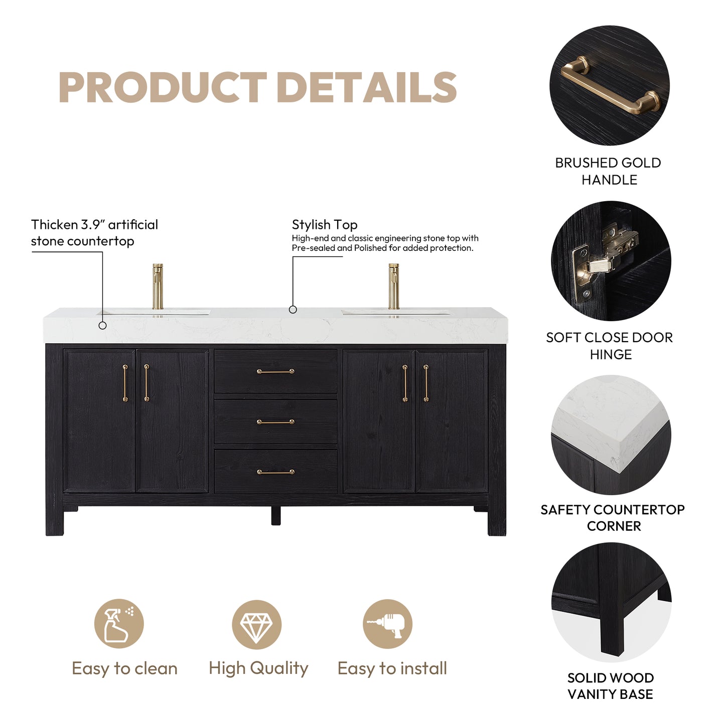 León 72" Free-standing Double Bathroom Vanity in Fir Wood Black