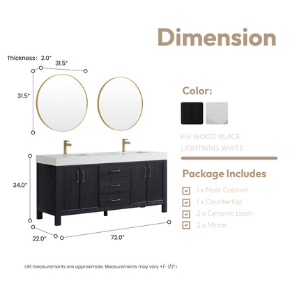 León 72" Free-standing Double Bathroom Vanity in Fir Wood Black