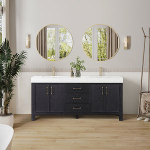 Open image in slideshow, León 72in. Free-standing Double Bathroom Vanity in Fir Wood Black with Composite top in Lightning White

