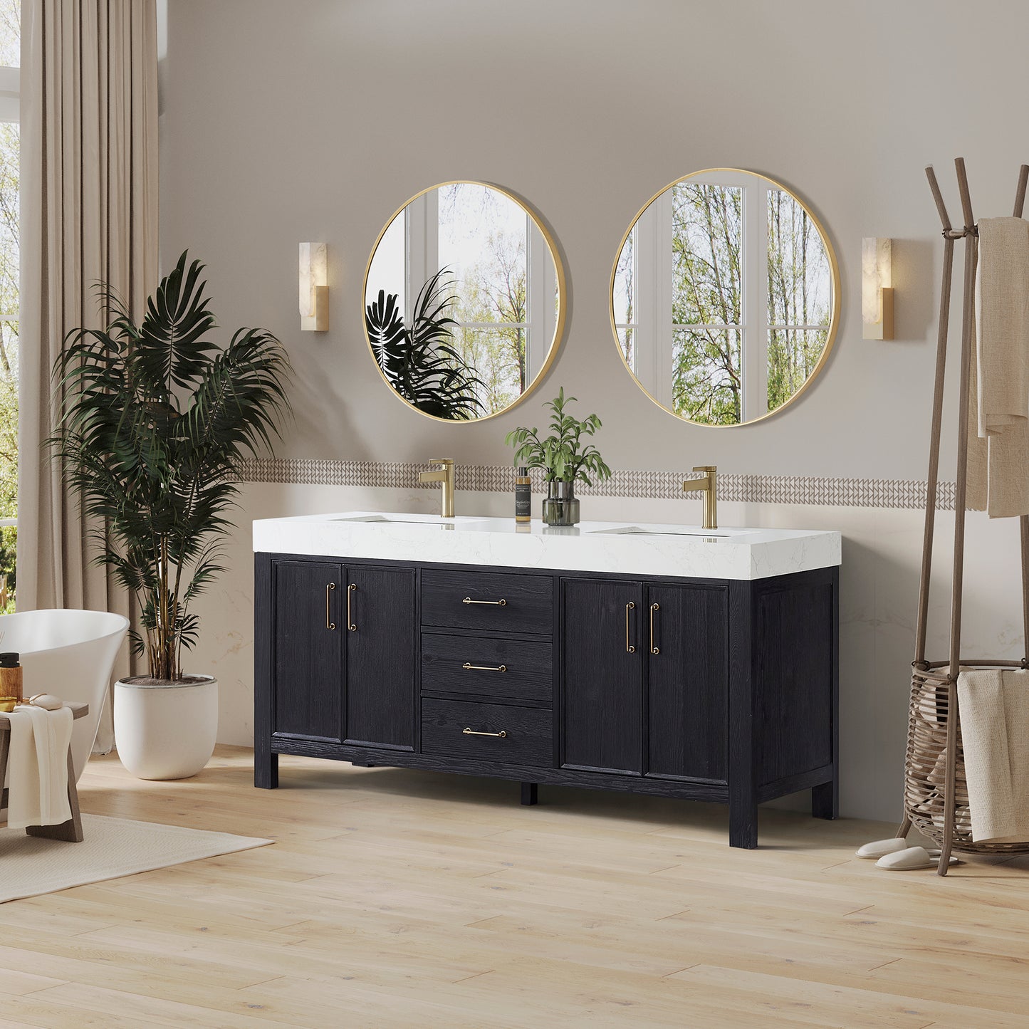 León 72" Free-standing Double Bathroom Vanity in Fir Wood Black