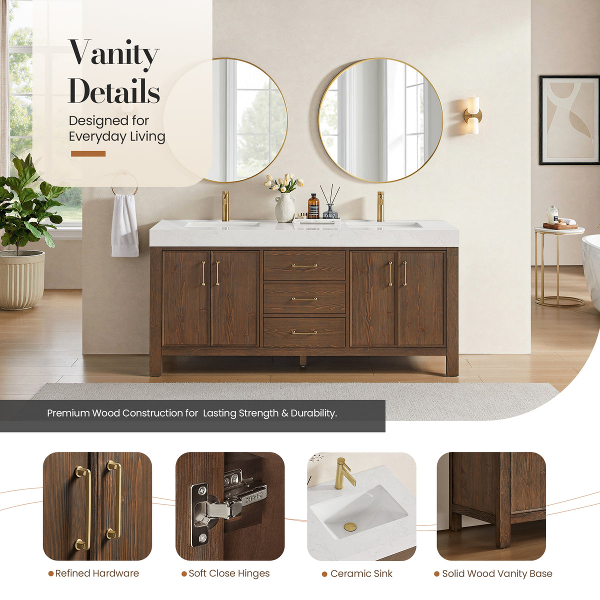 León 72" Free-standing Double Bathroom Vanity in Spruce Aged Brown with Mirror
