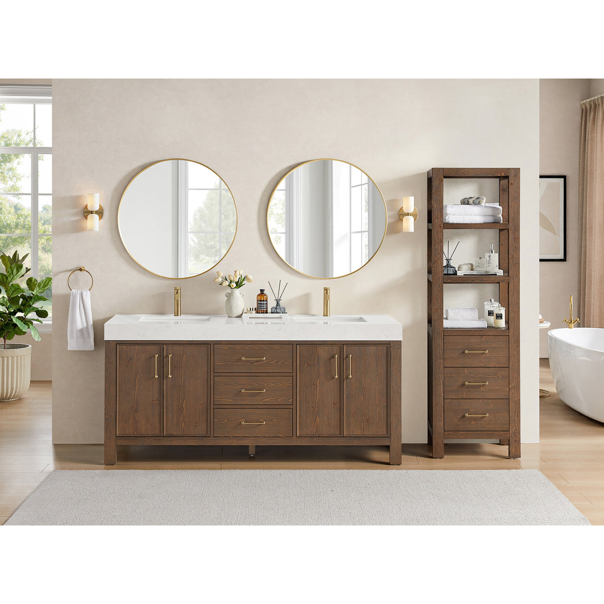 León 72" Free-standing Double Bathroom Vanity in Spruce Aged Brown with Mirror