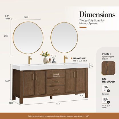 León 72" Free-standing Double Bathroom Vanity in Spruce Aged Brown with Mirror