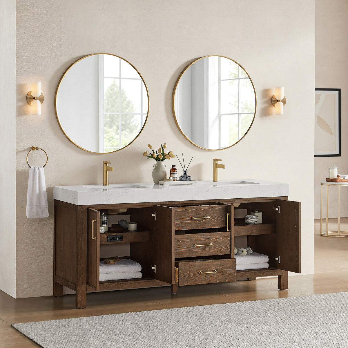 León 72" Free-standing Double Bathroom Vanity in Spruce Aged Brown with Mirror