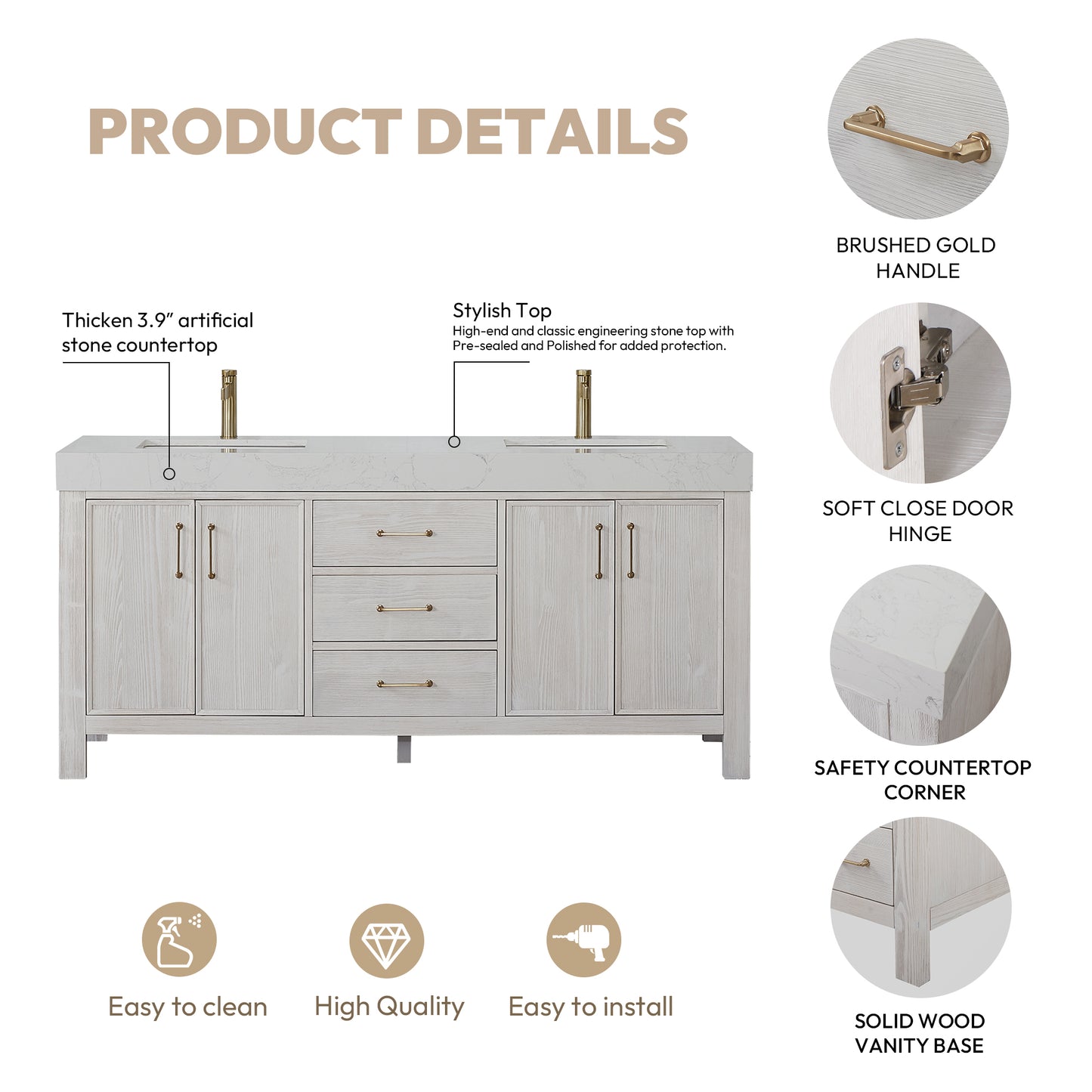 León 72" Free-standing Double Bathroom Vanity in Washed White