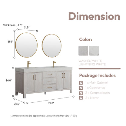 León 72" Free-standing Double Bathroom Vanity in Washed White