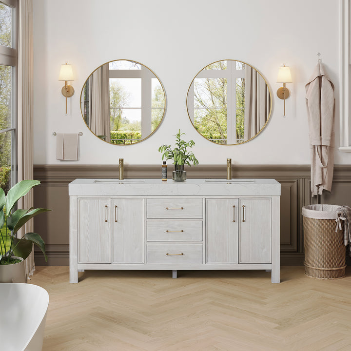 Issac Edwards 72in. Free-standing Double Bathroom Vanity in Washed White with Composite top in Lightning White and Mirror