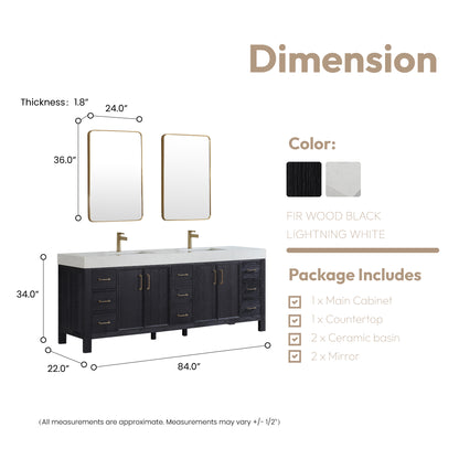 León 84" Free-standing Double Bathroom Vanity in Fir Wood Black