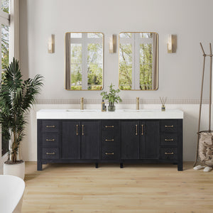 Open image in slideshow, León 84in. Free-standing Double Bathroom Vanity in Fir Wood Black with Composite top in Lightning White

