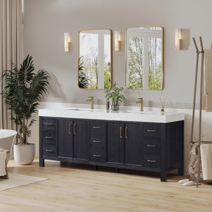 León 84in. Free-standing Double Bathroom Vanity in Fir Wood Black with Composite top in Lightning White