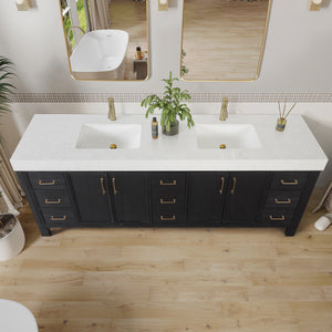 León 84in. Free-standing Double Bathroom Vanity in Fir Wood Black with Composite top in Lightning White