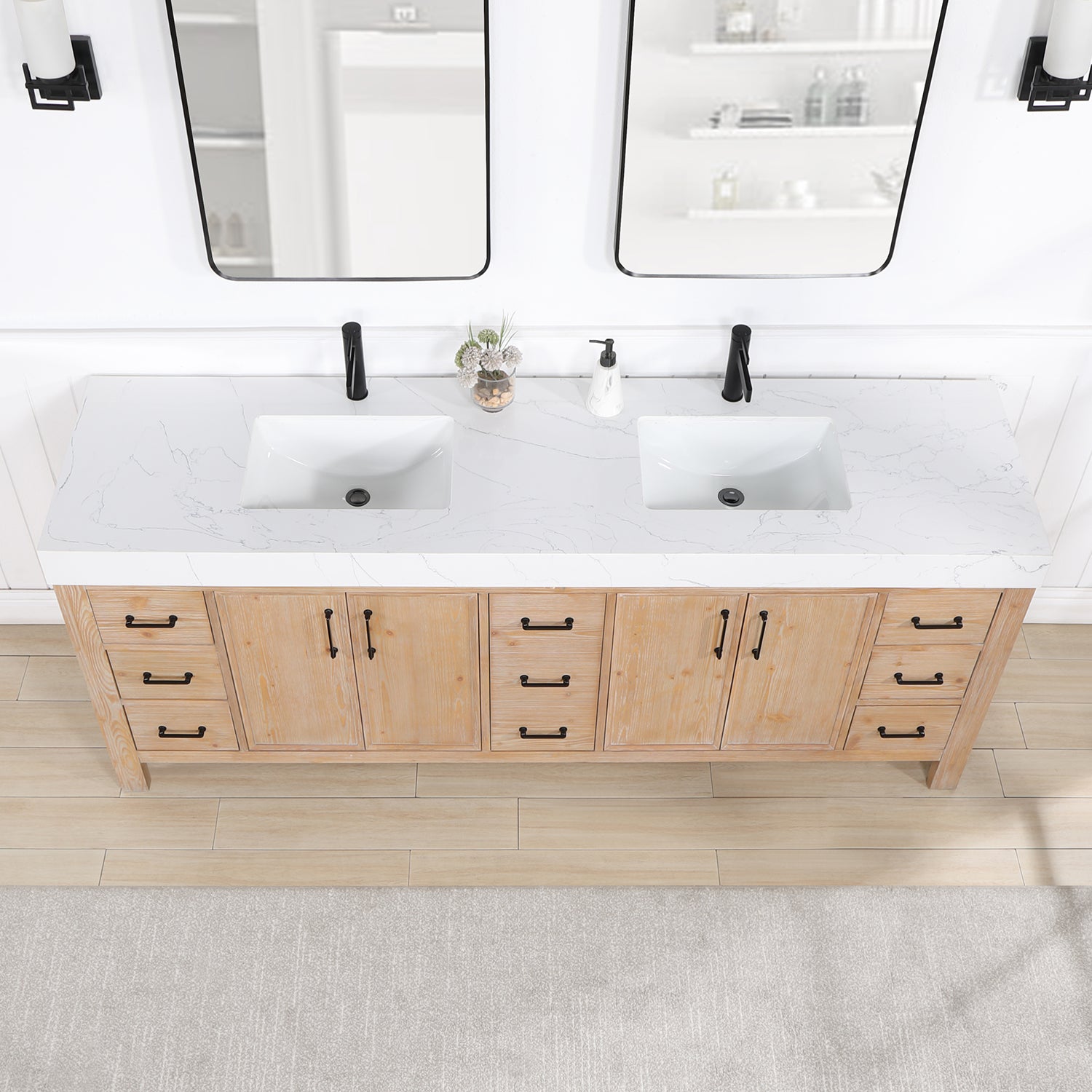 León 84in. Free-standing Double Bathroom Vanity in Fir Wood Brown with Composite top in Lightning White