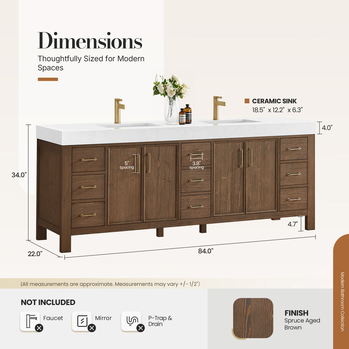 León 84" Free-standing Double Bathroom Vanity in Spruce Aged Brown