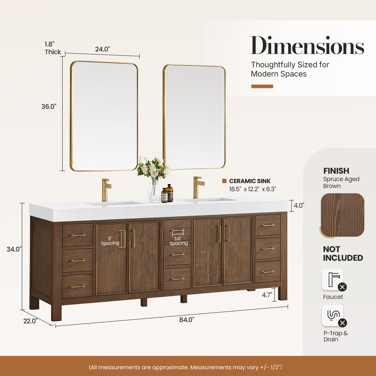 León 84" Free-standing Double Bathroom Vanity in Spruce Aged Brown with Mirror