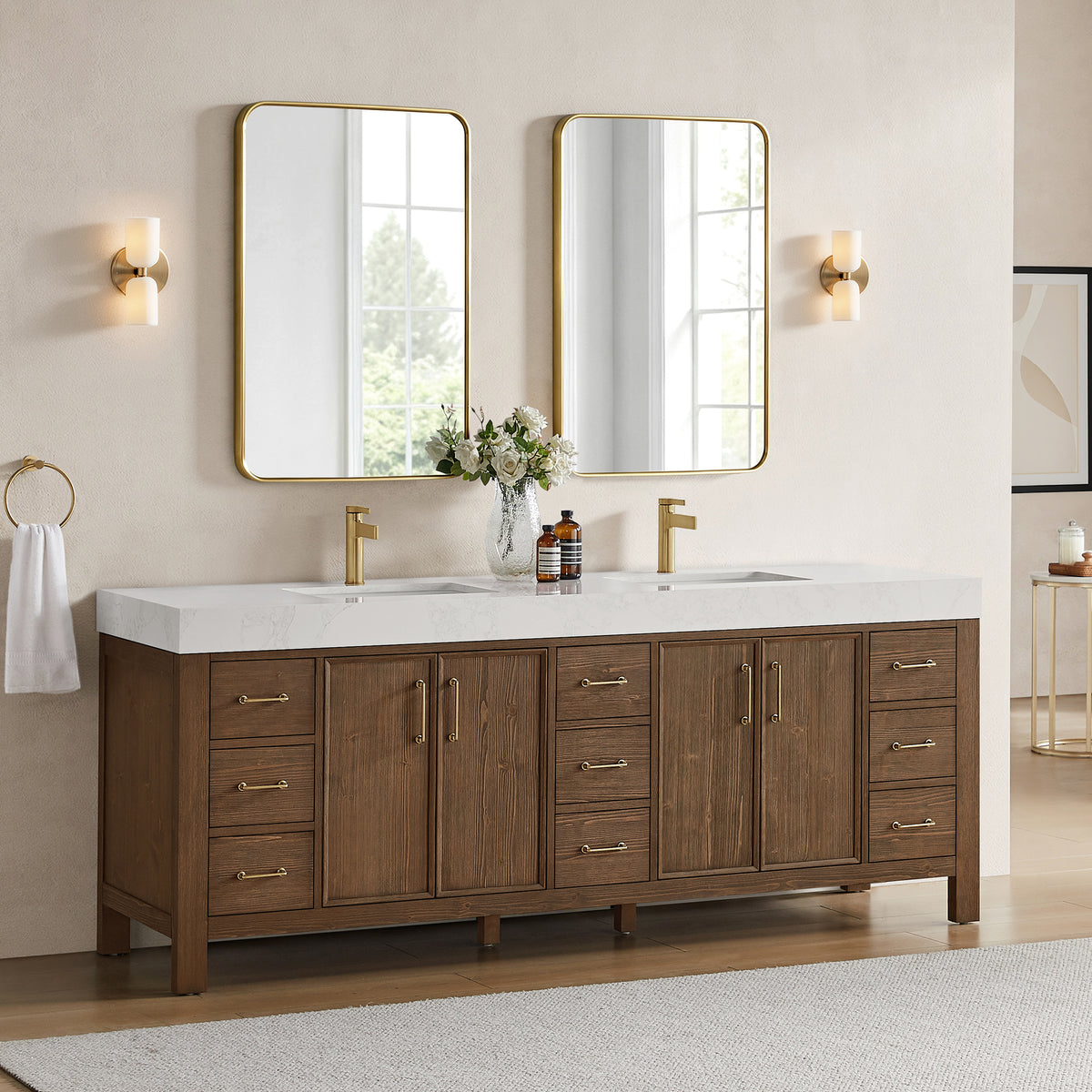 León 84" Free-standing Double Bathroom Vanity in Spruce Aged Brown with Mirror