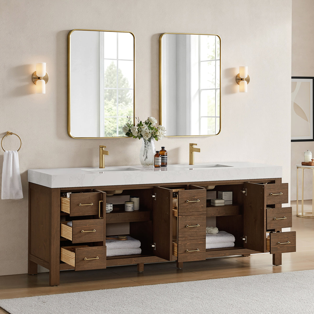 León 84" Free-standing Double Bathroom Vanity in Spruce Aged Brown with Mirror