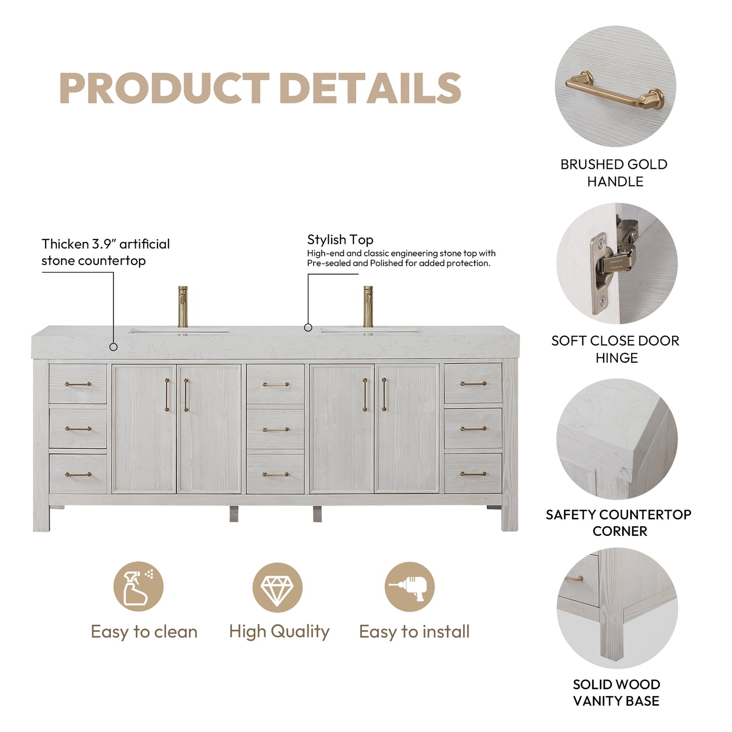 León 84" Free-standing Double Bathroom Vanity in Washed White